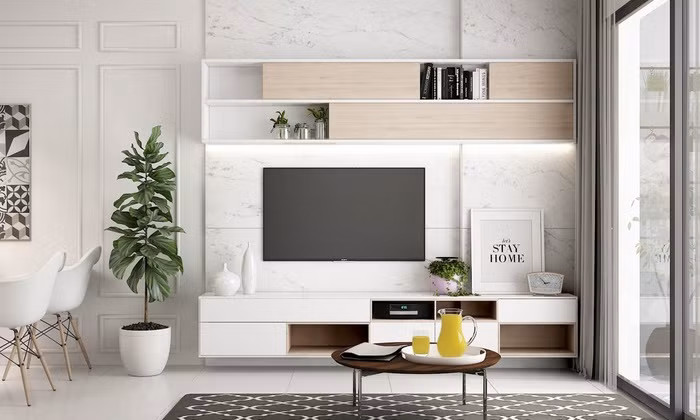 Dải đèn led là thiết kế nội thất thường gắn liền với kệ TV.