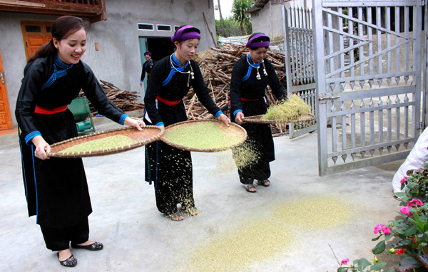 Sàng sảy tách vỏ trấu để lấy hạt cốm.