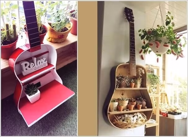 Tận dụng đàn ghi ta, vứt bỏ đi lớp bên ngoài của đàn khi dụng cụ này đã hỏng. Bạn có thể lắp đặt thêm thanh kệ bên trong. Việc còn lại của bạn là treo cố định đàn ở bất kỳ vị trí nào mà bạn muốn, đặt thêm những chậu cây mini vào trong kệ giúp khu vườn trở nên đáng yêu, mát mắt cho một góc phòng đón mùa hè xanh mát.