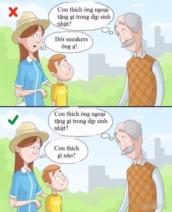 Thay con chọn quà tặng Khi một đứa trẻ có thể giao tiếp, chúng có thể tự chọn món quà mà bản thân ưa thích. Tất nhiên, không phải chúng ta đáp ứng mọi đòi hỏi của trẻ. Thế nhưng, trước tiên hãy tôn trọng con và cho bé có quyền lựa chọn rồi cha mẹ sẽ là người định hướng sau.