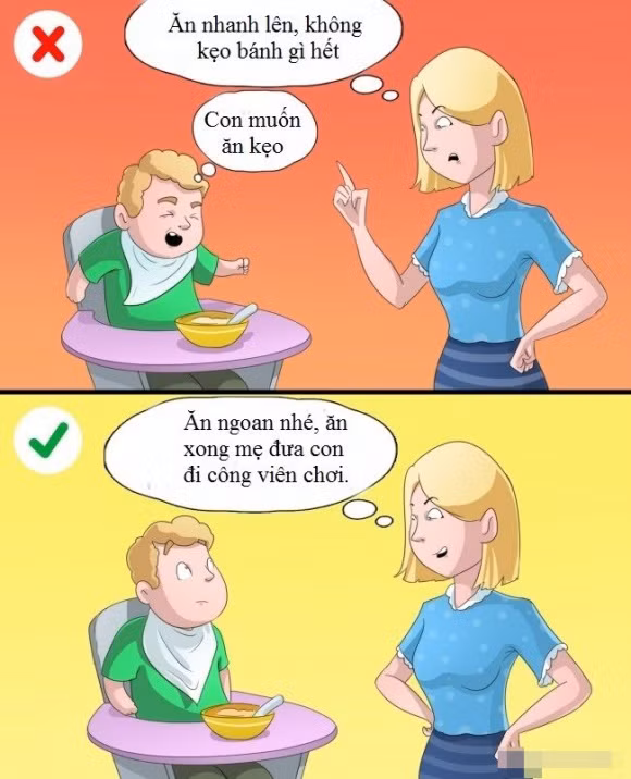 Phản ứng gay gắt Hãy đưa ra một thương lượng nhỏ để vừa giúp con ăn uống đủ chất vừa có thể vận động, chơi đùa giúp nâng cao sức khỏe.