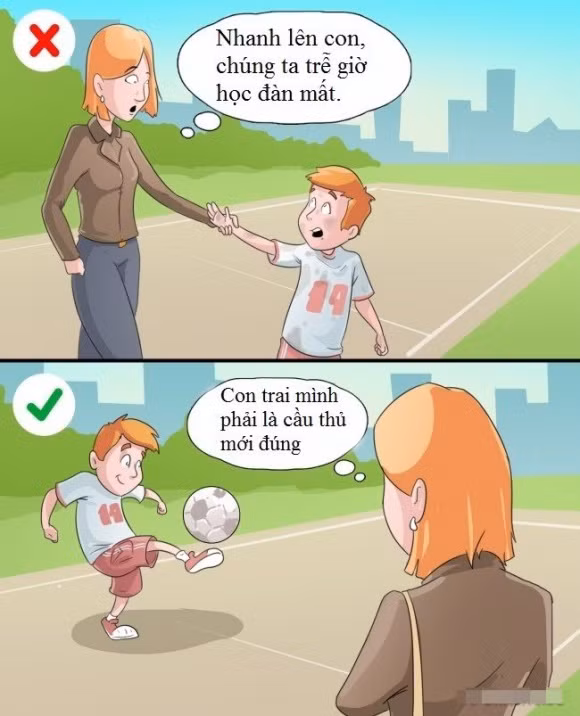 Tự quyết định tương lai của con Đôi khi, cha mẹ cố gắng áp đặt sở thích của mình cho con. Tuy nhiên, điều phụ huynh cần làm là kiên nhẫn xem con muốn phát triển theo hướng nào rồi hỗ trợ bé phát triển khả năng của mình.