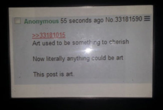 Bản in của một bài đăng từ Internet với giá hơn 2 tỷ đồng Bản in của một bài đăng trên Internet với nội dung chỉ một câu "Mọi thứ đều có thể là nghệ thuật. Bài đăng này là nghệ thuật", đã được bán trên eBay với giá 90.900 đô la (hơn 2 tỷ đồng) chỉ sau 36 giờ kể từ khi bắt đầu đặt bán đấu giá.