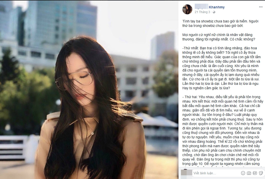 Khánh My suy tư về "chuyện tình nhiều tay" của Trường Giang.