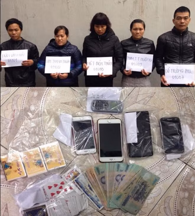 5 đối tượng cùng tang vật thu giữ (Ảnh Hải Yến).