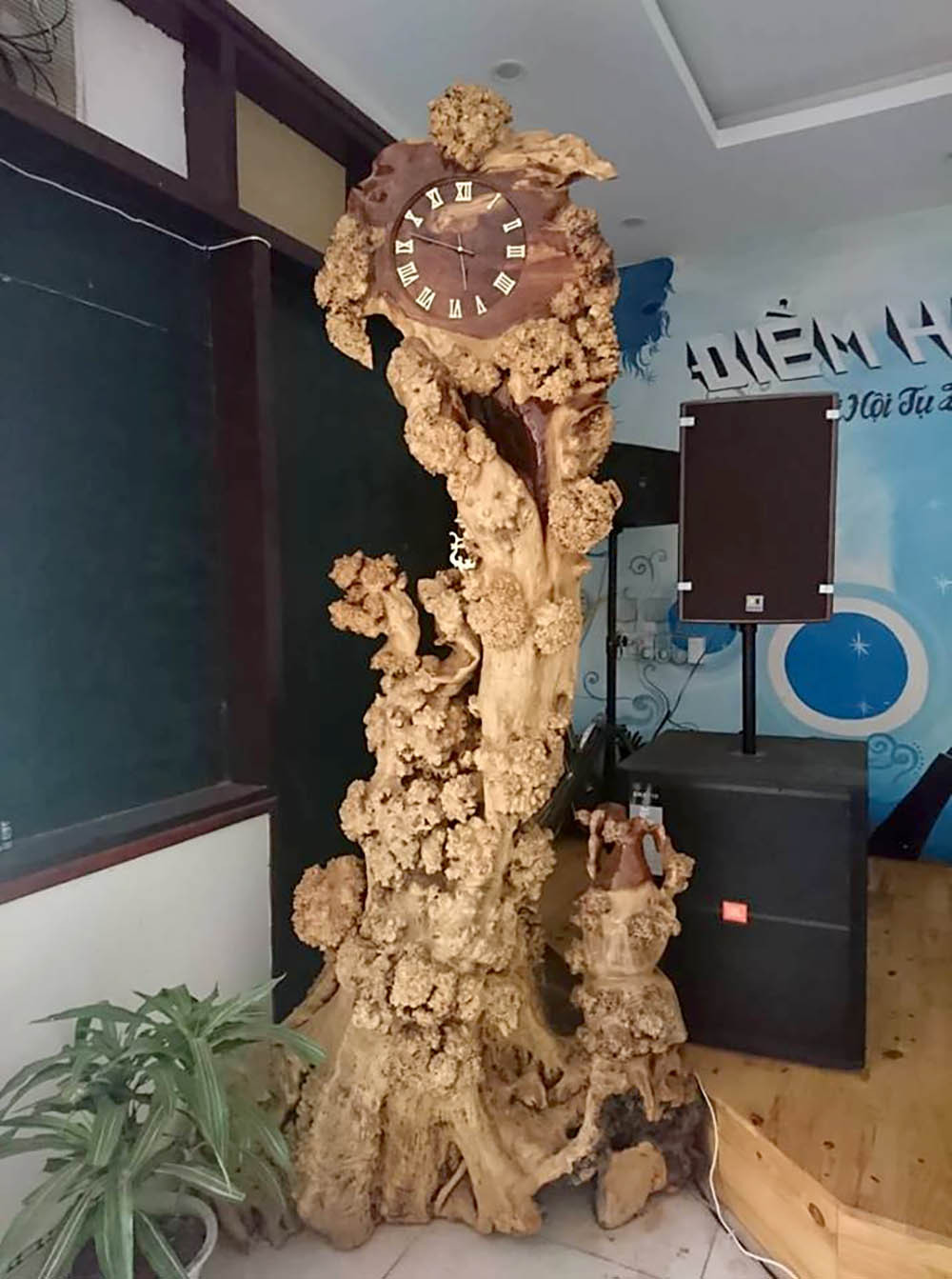 Nhìn tổng thể, chiếc đồng hồ mang vẻ đẹp hoang sơ của núi rừng, thân đồng hồ uốn lượn mềm mại. Những đoạn mắt cây được chế tác thành những khóm lá ôm lấy thân. Ông chủ của nó đã phun thêm lớp sơn, làm cho chiếc đồng hồ thêm bóng bẩy, lộng lẫy giữa phòng trà sang trọng. Vẻ đẹp và nét độc đáo của thân cây khiến khách đến đây không thể rời mắt. Ai cũng tò mò và muốn được sở hữu nó. Theo tiết lộ, chiếc đồng hồ trên có giá không dưới 40 triệu đồng.