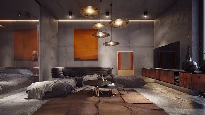 Phòng khách với tường bê tông trở nên nổi bật hơn hệ thống đèn được bố trí hợp lý.