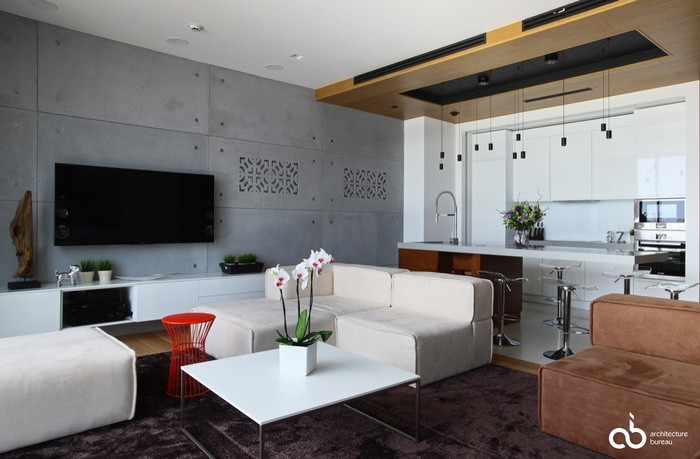 Tường phòng khách với họa tiết ô vuông chính là điểm nhấn đáng chú ý trong phòng khách.