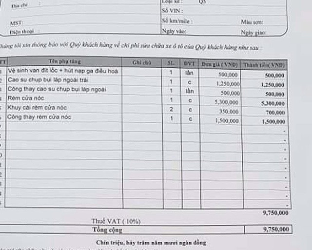 Hóa đơn khách hàng thuê xe tự lái thanh toán tiền sửa chữa chiếc Audi cũ.