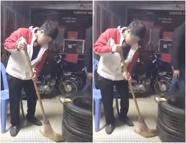 Nam thanh niên bị phạt quét sạch nhà trong đêm sau khi bị bắt quả tang đang lấy trộm quần áo. Ảnh cắt từ clip