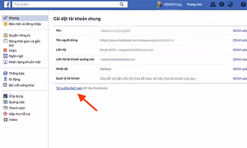 Tìm phần Tải xuống bản sao dữ liệu Facebook trong mục Chung.
