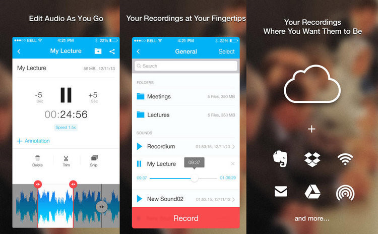 Recordium - Recordium cho phép chỉnh sửa đoạn ghi âm ngay trong ứng dụng và chú thích bất kỳ phần nào của bản ghi. Ứng dụng còn có thể đồng bộ với dịch vụ lưu trữ đám mây như Google Drive hoặc Dropbox.