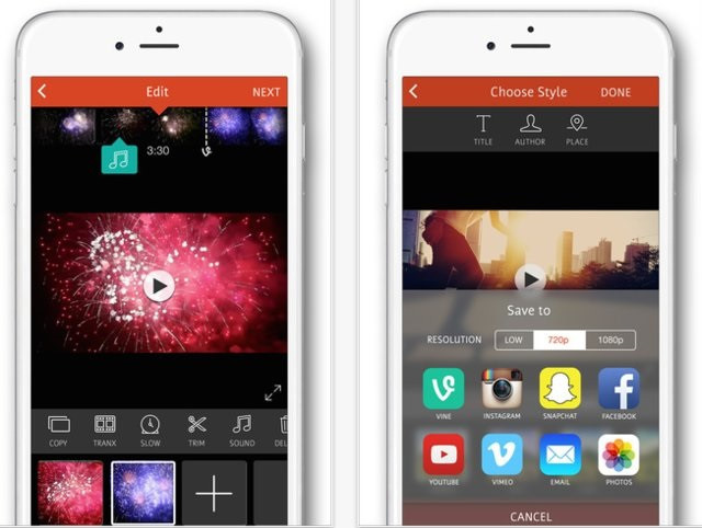 Videoshop - Videoshop giúp bạn dễ dàng cắt ghép video trên iPhone thành một bộ phim đồng thời người dùng cũng có thể thêm các bộ lọc màu, nhạc, phim hoạt hình và các hiệu ứng slo-mo hoặc chuyển động nhanh cho video. Khi hoàn tất, người dùng dễ dàng chia sẻ video lên mạng xã hội với chỉ một nút ấn.