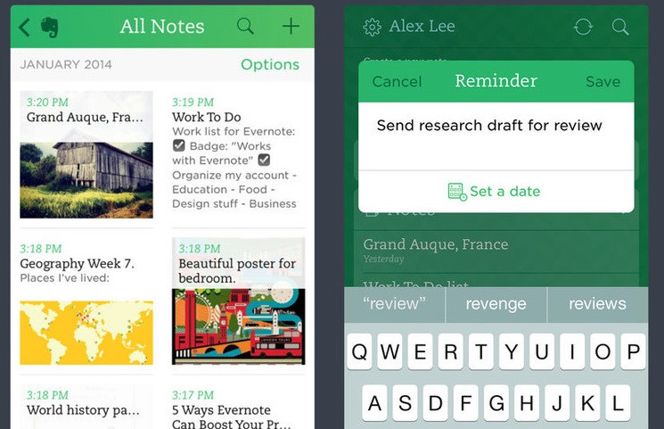 Evernote - Người dùng có thể tạo ghi chú từ ảnh hoặc văn bản, đặt lời nhắc cho chính mình và gắn thẻ ghi chú theo nhiều cách khác nhau. Chức năng tìm kiếm của Evernote có thể quét các tệp PDF và các tài liệu mà người dùng đã tải lên. Hơn nữa, Evernote có thể đồng bộ trên tất cả các thiết bị từ điện thoại, máy tính bảng, máy tính xách tay và máy tính để bàn.