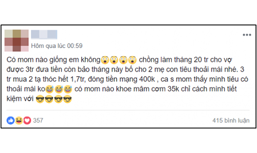 Lương tháng 20 triệu nhưng chồng chỉ đưa cho vợ 3 triệu, đã thế còn bảo cho mẹ con tiêu thoải mái. (Ảnh chụp màn hình)