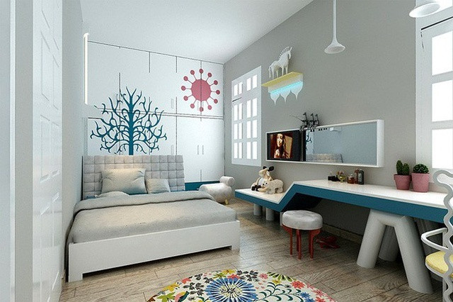 Phía bên trong là phòng ngủ của con được thiết kế tinh nghịch, đầy đủ ánh sáng và màu sắc phù hợp với lứa tuổi của con.