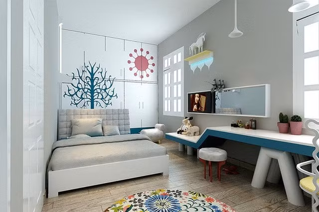 Phía bên trong là phòng ngủ của con được thiết kế tinh nghịch, đầy đủ ánh sáng và màu sắc phù hợp với lứa tuổi của con.