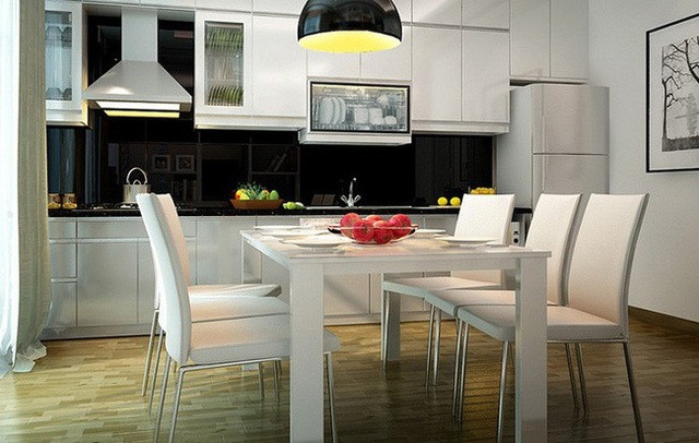 Phía bên trong là không gian bếp được bố trí theo hệ dọc, sử dụng hệ tủ chữ I để tiết kiệm diện tích, tạo cho căn phòng thêm rộng rãi và thêm được không gian nấu nướng một cách thuận tiện nhất. Nhớ chọn gam màu trắng làm chủ đạo để căn phòng được sáng trong, sạch sẽ và rộng rãi.