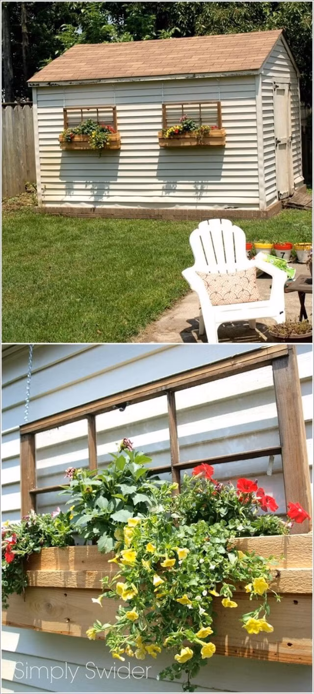 6. Thay vì tạo cửa sổ, bạn có thể đóng khung gỗ hình cửa sổ và thiết kế khung chậu trồng cây bên ngoài để ngôi nhà bé xinh thêm rực rỡ.