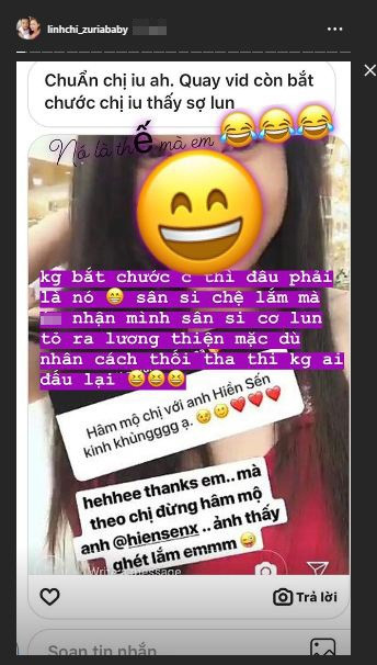 Linh Chi cho rằng Lý Phương Châu bắt chước cô khi trả lời fans trên Instagram.