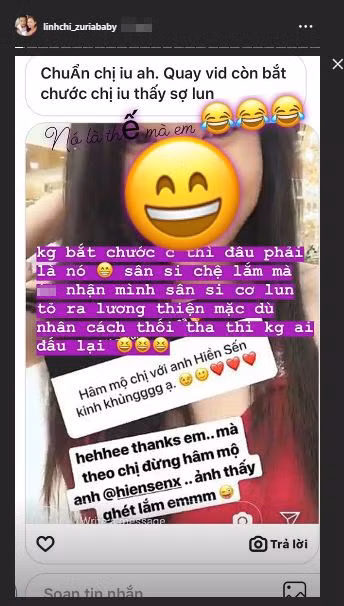 Linh Chi cho rằng Lý Phương Châu bắt chước cô khi trả lời fans trên Instagram.