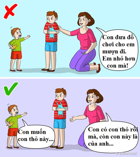8. Trẻ phải chia sẻ đồ chơi của mình Nhiều cha mẹ tin rằng con cần được dạy cách sẻ chia, nhường nhịn. Đó là sai lầm. Trẻ em bị bắt ép phải nhường nhịn thứ gì đó sẽ không thực sự muốn sẻ chia. Ngược lại, chúng trở nên keo kiệt, tằn tiện hơn. Các nhà tâm lý học khuyên bạn nên đặt mình vào vị trí này. Bạn có muốn chia sẻ đồ đạc cá nhân của mình với một người bạn hầu như không biết không? Bạn sẽ sẽ cởi chiếc áo bạn yêu thích cho người hàng xóm chỉ vì anh ta thích nó? Nếu câu trả lời của bạn là "Không" thì bạn đã biết mình nên dạy con như thế nào.