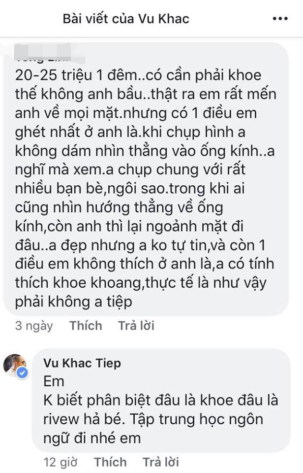 Trước ý kiến của dân mạng, Khắc Tiệp đáp lại đơn giản rằng anh đang chia sẻ kinh nghiệm du lịch với mọi người, chứ không phải khoe khoang.