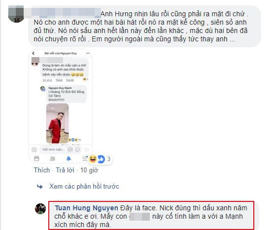 Tuấn Hưng tỉnh táo khi có người gửi đoạn bình luận được cho là của Duy Mạnh cho mình.