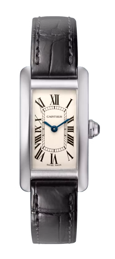 Cartier Tank là chiếc đồng hồ mẫu nhỏ được làm từ vàng trắng nguyên chất 18 carat. Nó hoạt động trên các chức năng Quartz và hiển thị giờ và phút chỉ trên mặt đồng hồ. Giá của nó là 101.000 USD.