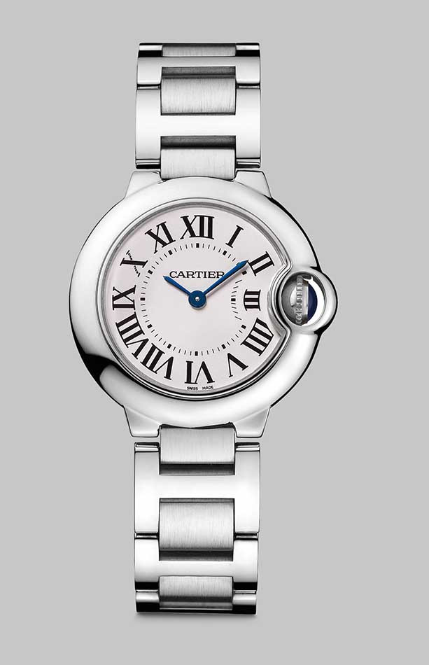 Cartier Ballon Bleu cũng có toàn bộ số trên bề mặt được làm từ kim cương quý giá. Nó chịu nước được ở độ sâu đến và giá là 106.000 USD.