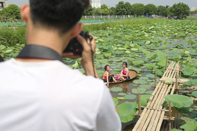 Với các thiếu nữ thì đây chính là thời điểm thích hợp để ghi lại những bức hình chụp cùng sen, khoe nét đẹp tinh khôi. Ở Hà Nội dịp này, các đầm sen hồ Tây luôn đông đúc du khách nữ tìm đến chụp ảnh, tạo dáng.