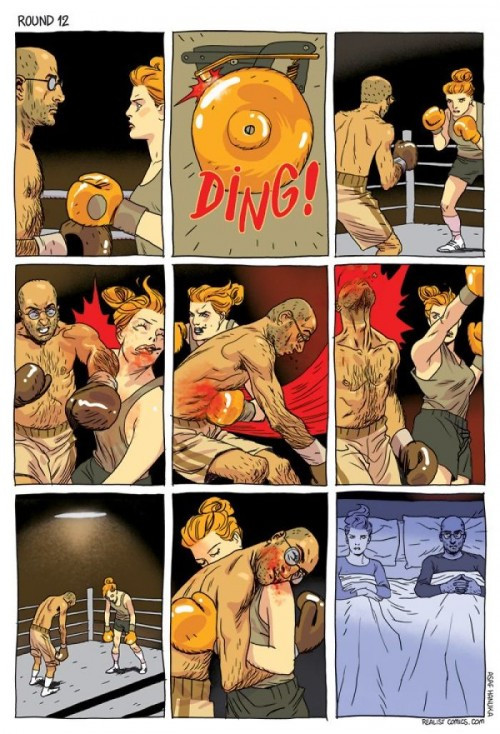 Nhịp sống hiện đại ngày nay khiến mọi thứ trở nên thuận tiện hơn, dễ dàng hơn, nhưng song song với đó, những hệ lụy cũng xuất hiện. Thấu hiểu sâu sắc những điều đó, họa sỹ Asaf Hanuka đã vẽ nên một bộ tranh siêu sáng tạo và nhiều ý nghĩa. Dưới nét vẽ ám ảnh của mình, cô đã tái hiện những vấn đề thường thấy của một người trong cuộc sống hiện đại, từ đó đem đến cho độc giả những góc nhìn khác. Ảnh: Hôn nhân là bao gồm việc mâu thuẫn, tranh cãi và thậm chí là đánh nhau… nhưng rồi đêm về, chúng ta vẫn phải ngủ cùng nhau.