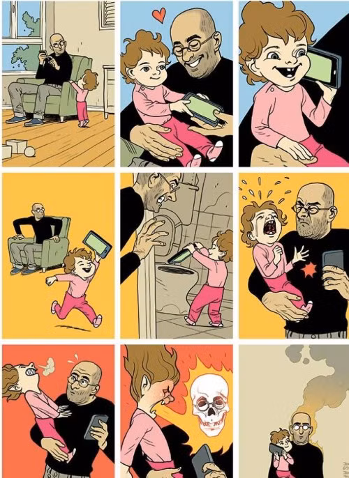 Để làm nguôi những sự khó chịu, bực bội của con trẻ, chúng ta đưa chúng smartphone và chúng bắt đầu dùng thứ đấy để uy hiếp chúng ta