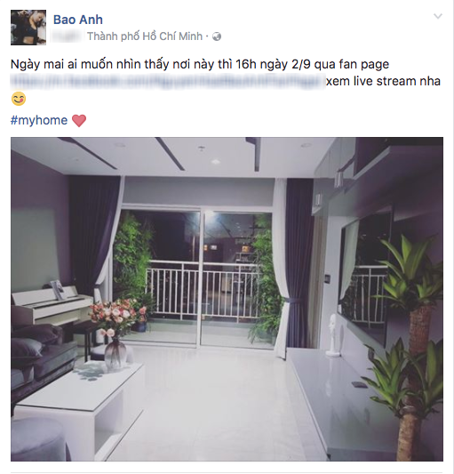 Trước đây, Bảo Anh đã chia sẻ hình ảnh căn hộ chung cư mới trong tâm trạng vui mừng và hạnh phúc vì cuối cùng sau 5 năm làm nghề bản thân đã có căn nhà riêng. Có thể thấy, căn hộ chung cư của Bảo Anh trông rất khang trang, rộng rãi và thoáng mát bởi nữ ca sĩ trồng khá nhiều cây xanh trong nhà. Ngay khi chia sẻ hình ảnh nhanh chóng nhận được nhiều lượt yêu thích và chia sẻ từ phía người hâm mộ. Các fan của Bảo Anh đua nhau gửi lời chúc mừng và chia vui với giọng ca "Anh muốn em sống sao".