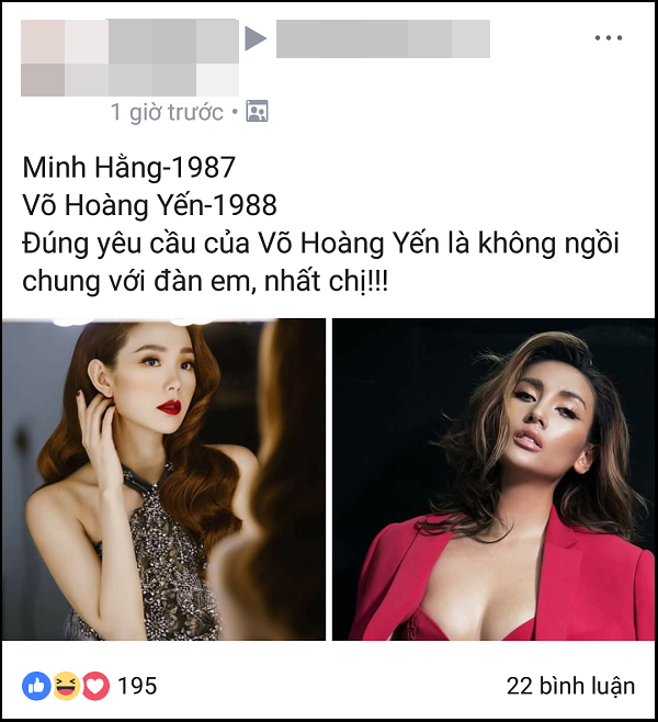 Hoàng Yến từng phát ngôn không muốn ngồi chung ghế với đàn em, và điều đó đã trở thành sự thật khi Minh Hằng chính thức ngồi ngang ghế với Võ Hoàng Yến với tư cách... đàn chị.