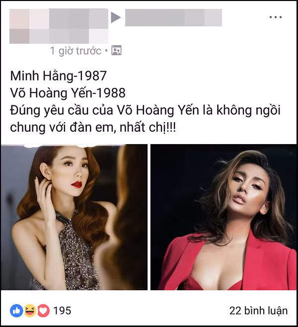 Hoàng Yến từng phát ngôn không muốn ngồi chung ghế với đàn em, và điều đó đã trở thành sự thật khi Minh Hằng chính thức ngồi ngang ghế với Võ Hoàng Yến với tư cách... đàn chị.