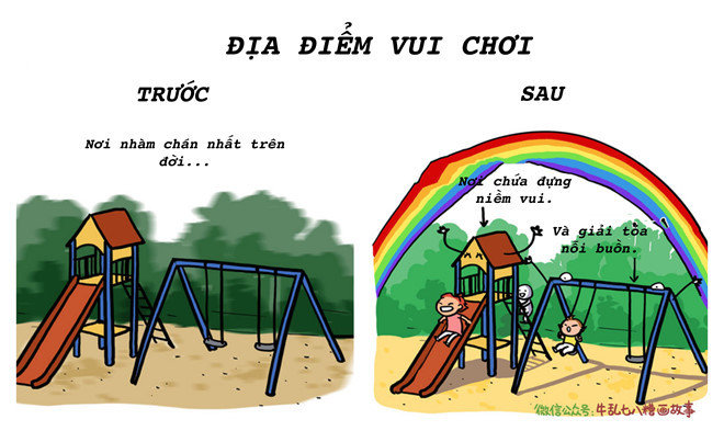 Ngày trước có khi nào vợ chồng để ý đến công viên đâu, thậm chí cảm thấy nó thừa thãi. Đến khi có con, họ mới biết đây là thiên đường. Nụ cười trẻ nhỏ khiến cha mẹ vui, mọi mệt mỏi như tan biến khi có dịp đưa con ra công viên và chơi những trò tuổi thơ thế này.