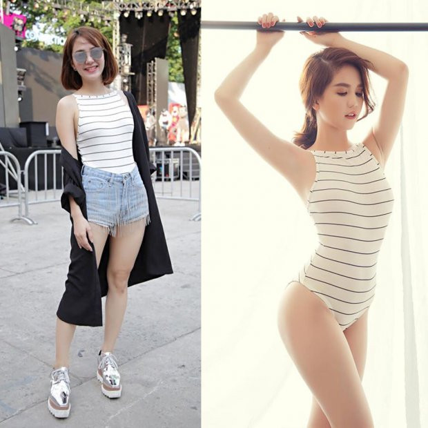 Cùng chọn mẫu đồ bơi kẻ đen trắng, người đẹp Minh Hằng thể hiện sự sáng tạo không giới hạn khi mặc đồ bơi ra phố, trong khi đó Ngọc Trinh khoe vẻ sexy nóng bỏng thường thấy. Tuy nhiên Minh Hằng lại mắc lỗi phối trang phục khiến tổng thể không hài hòa. Ngược lại Ngọc trinh có phần khôn ngoan hơn nhờ biết cách tiết chế phụ kiện không cần thiết.