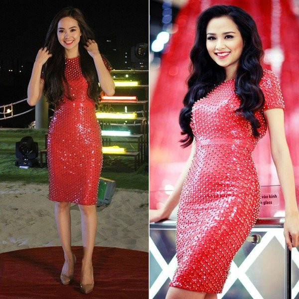 Minh Hằng và Diễm Hương cùng phải lòng thiết kế chất liệu da đỏ được đính kết tỉ mỉ. Đây là thiết kế khá kén người mặc vì thế nó hoàn toàn không phù hợp với vóc dáng thừa cân của Minh Hằng. Hình như trong chục lần đụng hàng thì hết cả chục lần Minh Hằng để “thất thế” trước những chân dài khác.