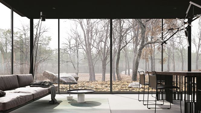 Một góc phòng khách với bộ sô pha êm ái và một bàn trà mini.