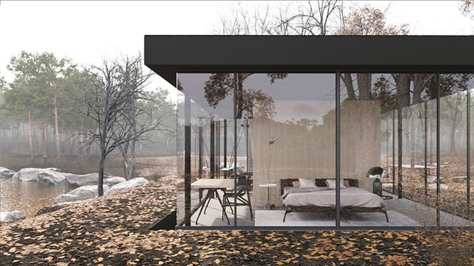 Khi ở trên mặt đất, thiết kế tường bằng kính trong suốt sẽ đón trọn ánh nắng vào nhà.