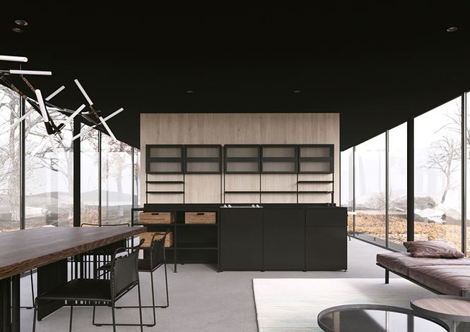 Giữa nhà là một tủ kệ kiêm bồn rửa đa chức năng.