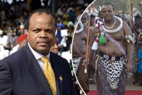 Quốc vương Mswati III trong trang phục hiện đại và dân tộc.