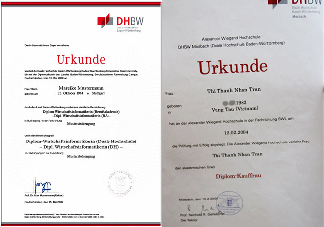 Tấm bằng thật được tìm thấy trên mạng (trái) và tấm bằng của Lý Nhã Kỳ (phải).