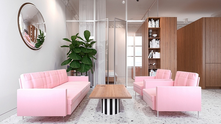 Phòng ngủ vách kính của căn hộ này có diện tích khá khiêm tốn. Để khắc phục nhược điểm này, bên cạnh sử dụng tường kính, nhà thiết kế chọn tone trắng chủ đạo, điểm thêm chút hồng để "sưởi ấm" không gian.