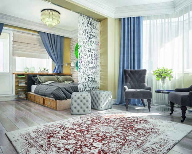 Kính cường lực phun cát là vách ngăn giữa phòng ngủ và phòng khách.