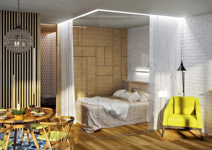 Sử dụng kính để làm tường ngăn luôn là giải pháp hiệu quả, kính dễ lắp ráp lại không cản sáng vẫn giúp căn phòng rộng rãi, để tăng cường sự riêng tư bạn có thể thêm rèm che.