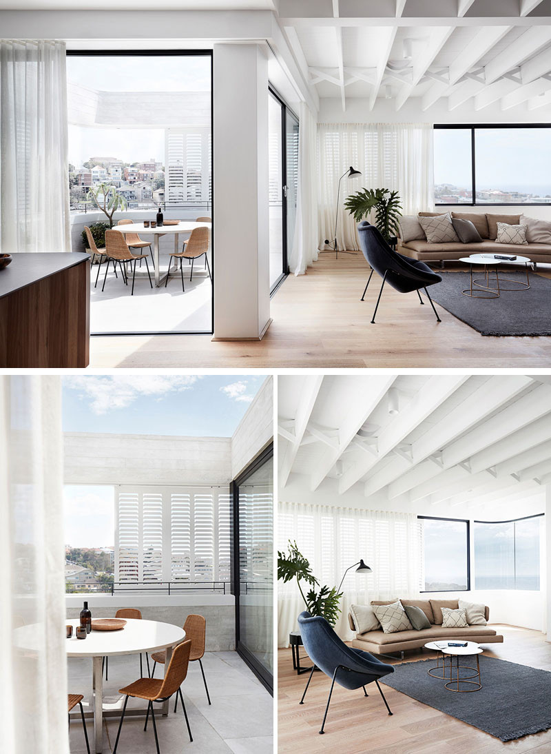 Đây là hình ảnh sân thượng và phòng khách. Cửa chớp trên sân thượng mang lại sự riêng tư khi nhìn từ bên ngoài vào nhưng vẫn cho phép bạn ngắm được toàn cảnh phía dưới. Trần phòng khách được thiết kế rất đặc biệt với những thanh rầm đan vào nhau một cách nghệ thuật.
