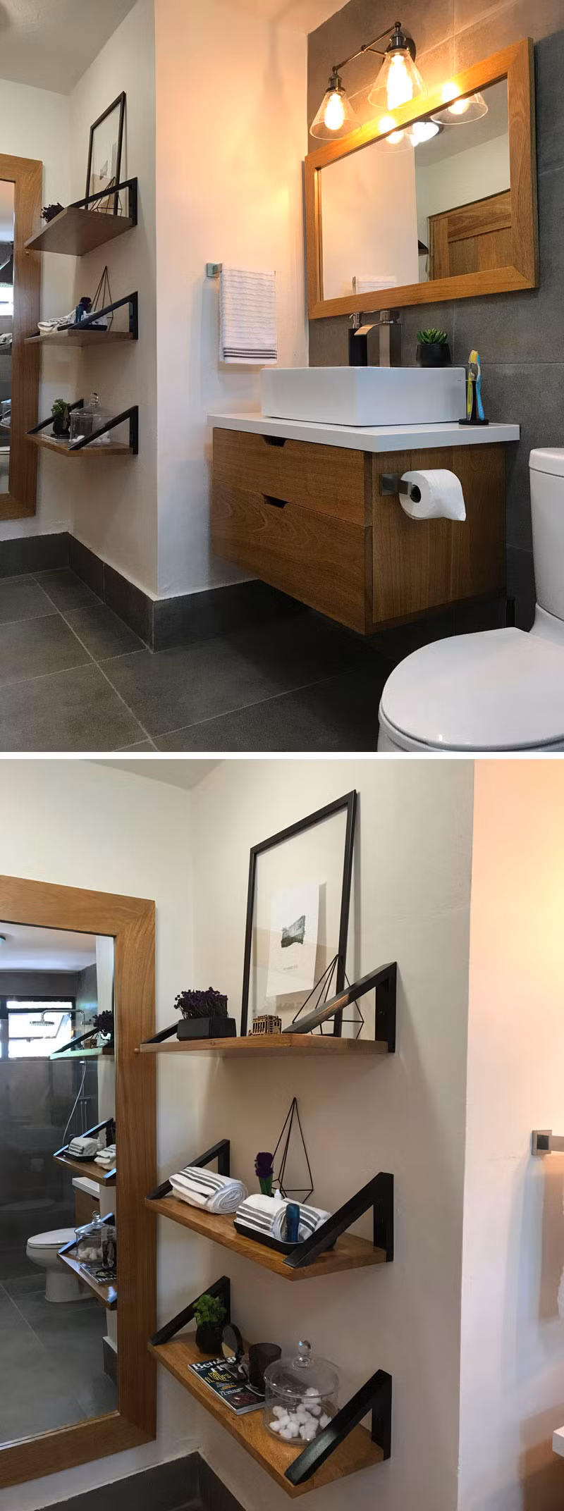 Một chiếc kệ âm tường được thiết kế hợp lý, dùng làm nơi để dầu gội đầu, sữa tắm, v.v., vừa tiện lợi lại giúp tiết kiệm diện tích. Toàn bộ các món đồ gỗ trong phòng tắm được đặt làm riêng để phù hợp với không gian, mang đến sự tươi mới và hiện đại.