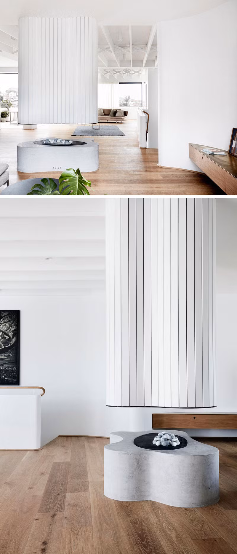 Trong phòng bếp, bộ tủ bếp màu xanh nhạt của hãng Building With Options được kết hợp với bàn bếp bằng đá và một đảo bếp độc đáo được trang trí bởi những tấm gỗ dọc xung quanh.